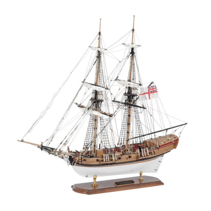 Photo of HM Badger 1777 wooden model ship kit by Amati B1300/07 in 1:64 scale, Royal Navy brig commanded by Horatio Nelson