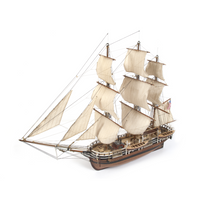 Photo of OcCre Essex 1:60 scale wooden model ship kit with detailed rigging and historical design