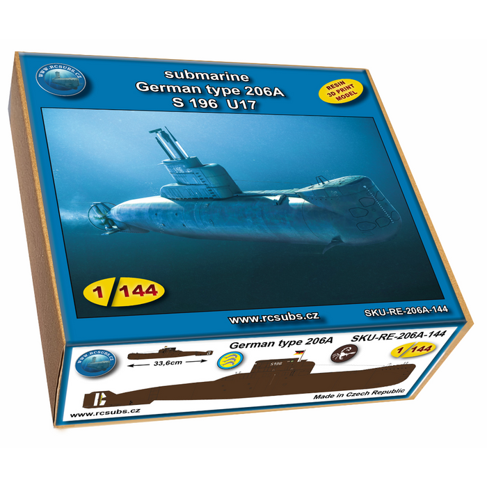 Photo of a 1:144 scale resin model of the German Type 206A submarine by RC Subs, showing detailed hull features and accurate Cold War-era design.