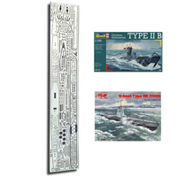 Photo of photo-etched brass parts upgrade set for German U-Boat Type IIB 1:144 scale by Revell and ICM, featuring railings, ladders, and deck details.
