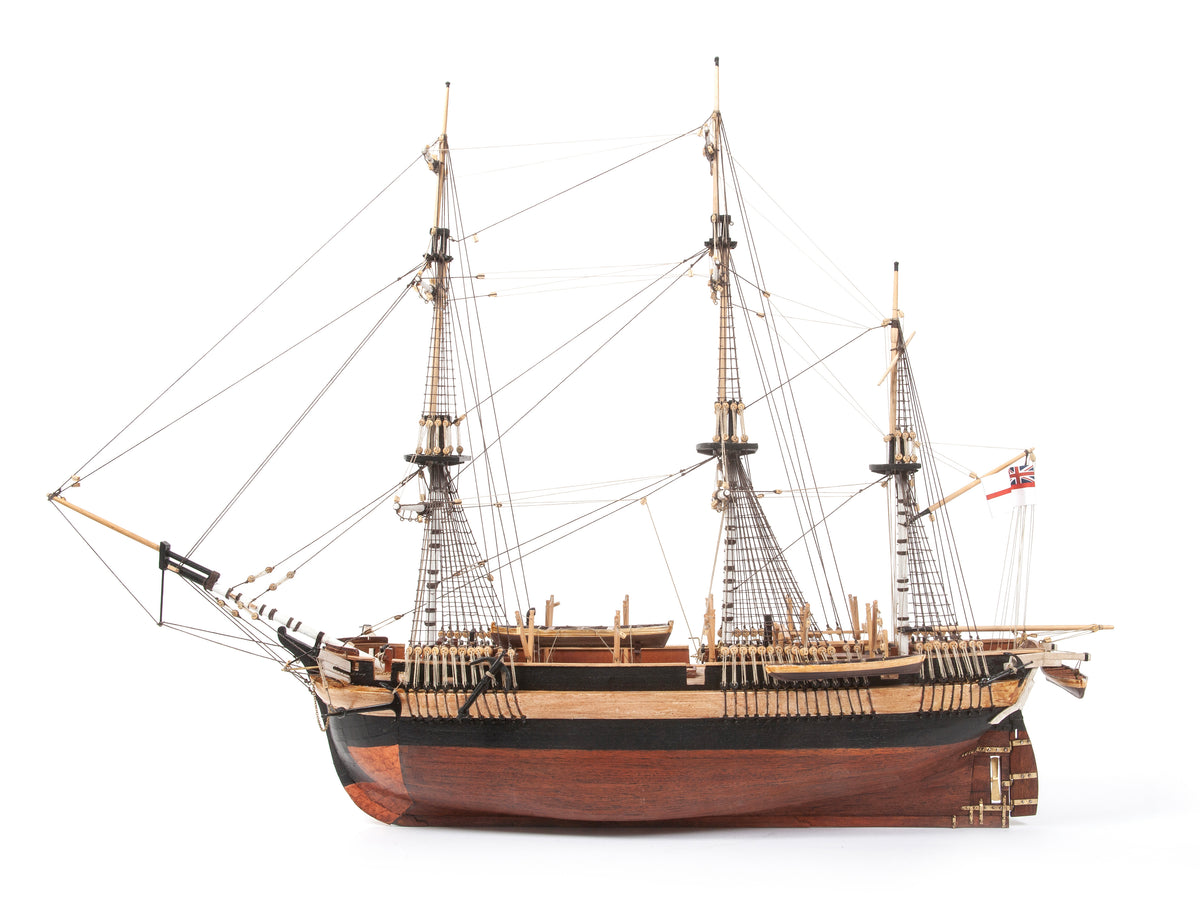 Photo of OcCre HMS Erebus wooden model ship 1:75 scale from Franklin Expedition with sails and display base