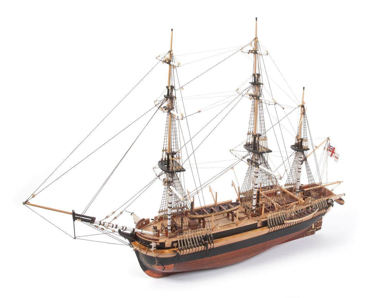 Photo of OcCre HMS Erebus wooden model ship 1:75 scale from Franklin Expedition with sails and display base