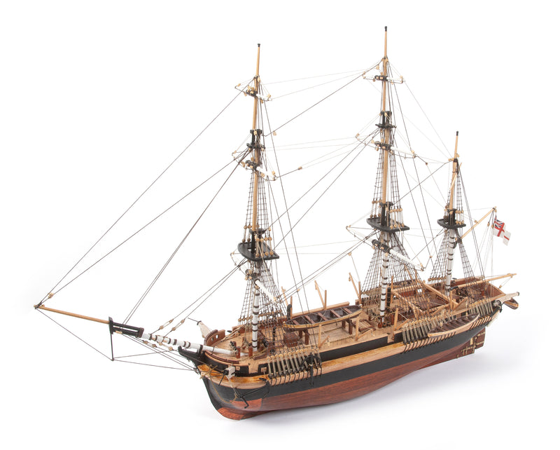 Photo of OcCre HMS Erebus wooden model ship 1:75 scale from Franklin Expedition with sails and display base