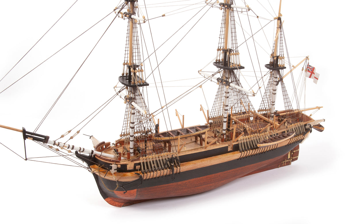 Photo of OcCre HMS Erebus wooden model ship 1:75 scale from Franklin Expedition with sails and display base