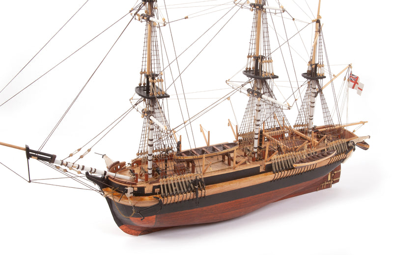 Photo of OcCre HMS Erebus wooden model ship 1:75 scale from Franklin Expedition with sails and display base