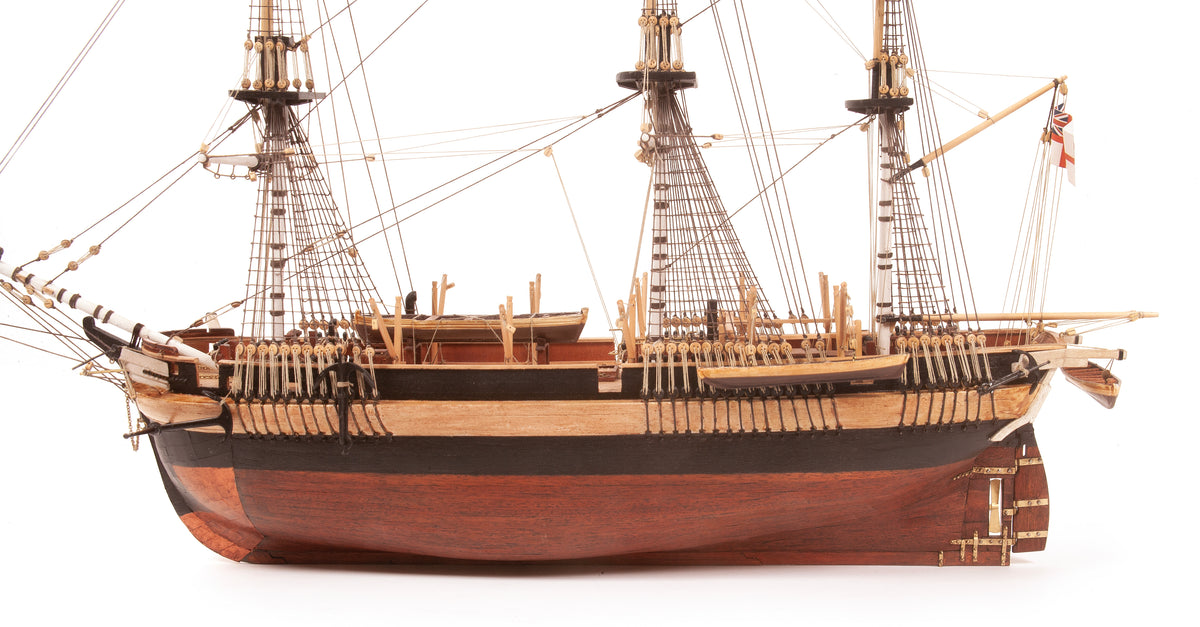 Photo of OcCre HMS Erebus wooden model ship 1:75 scale from Franklin Expedition with sails and display base
