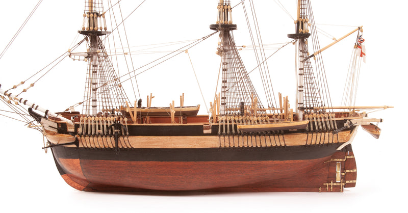 Photo of OcCre HMS Erebus wooden model ship 1:75 scale from Franklin Expedition with sails and display base
