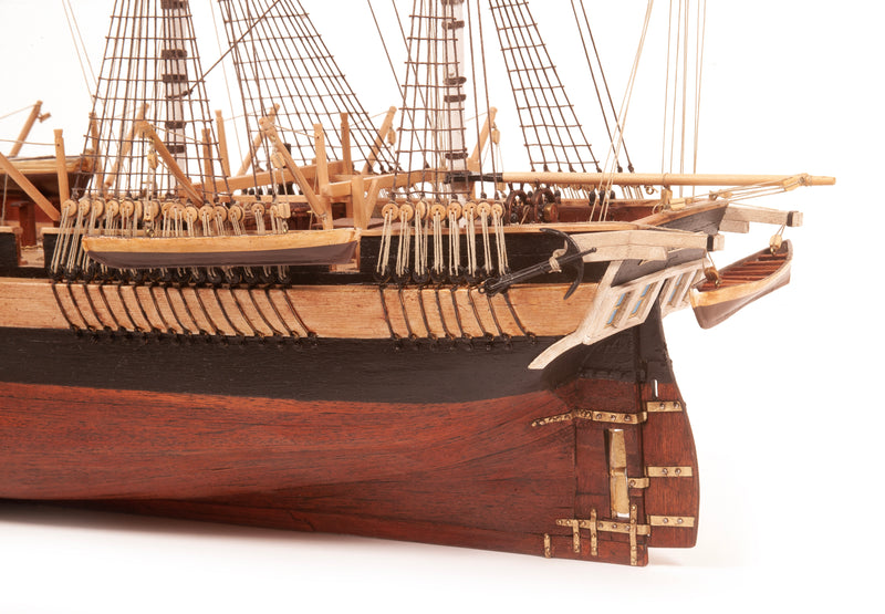 Photo of OcCre HMS Erebus wooden model ship 1:75 scale from Franklin Expedition with sails and display base