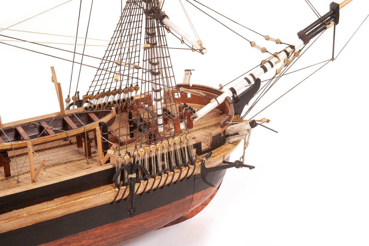 Photo of OcCre HMS Erebus wooden model ship 1:75 scale from Franklin Expedition with sails and display base
