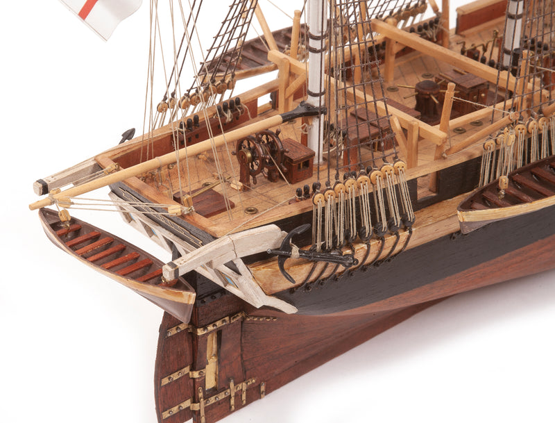 Photo of OcCre HMS Erebus wooden model ship 1:75 scale from Franklin Expedition with sails and display base
