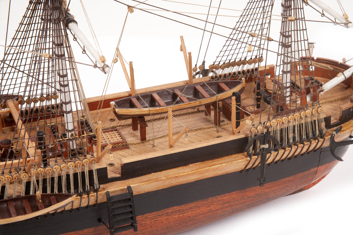 Photo of OcCre HMS Erebus wooden model ship 1:75 scale from Franklin Expedition with sails and display base