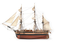 Photo of OcCre HMS Erebus wooden model ship 1:75 scale from Franklin Expedition with sails and display base
