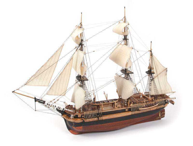 Photo of OcCre HMS Erebus wooden model ship 1:75 scale from Franklin Expedition with sails and display base