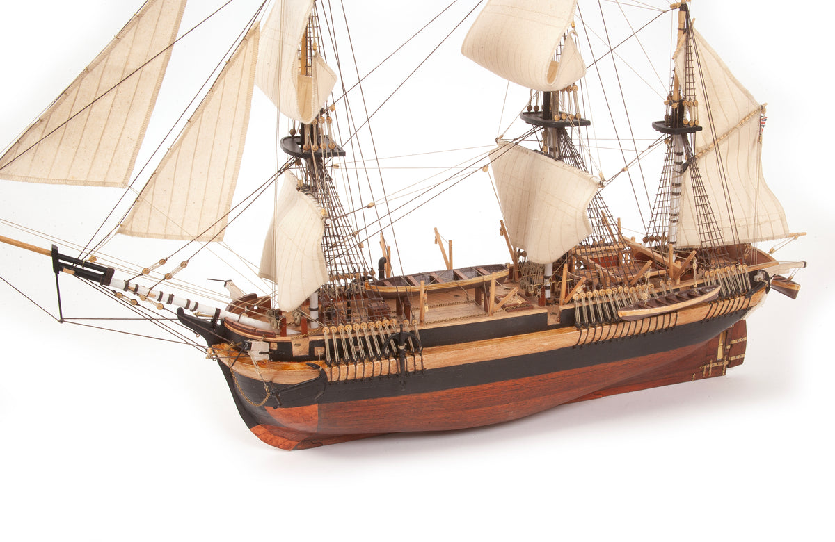 Photo of OcCre HMS Erebus wooden model ship 1:75 scale from Franklin Expedition with sails and display base