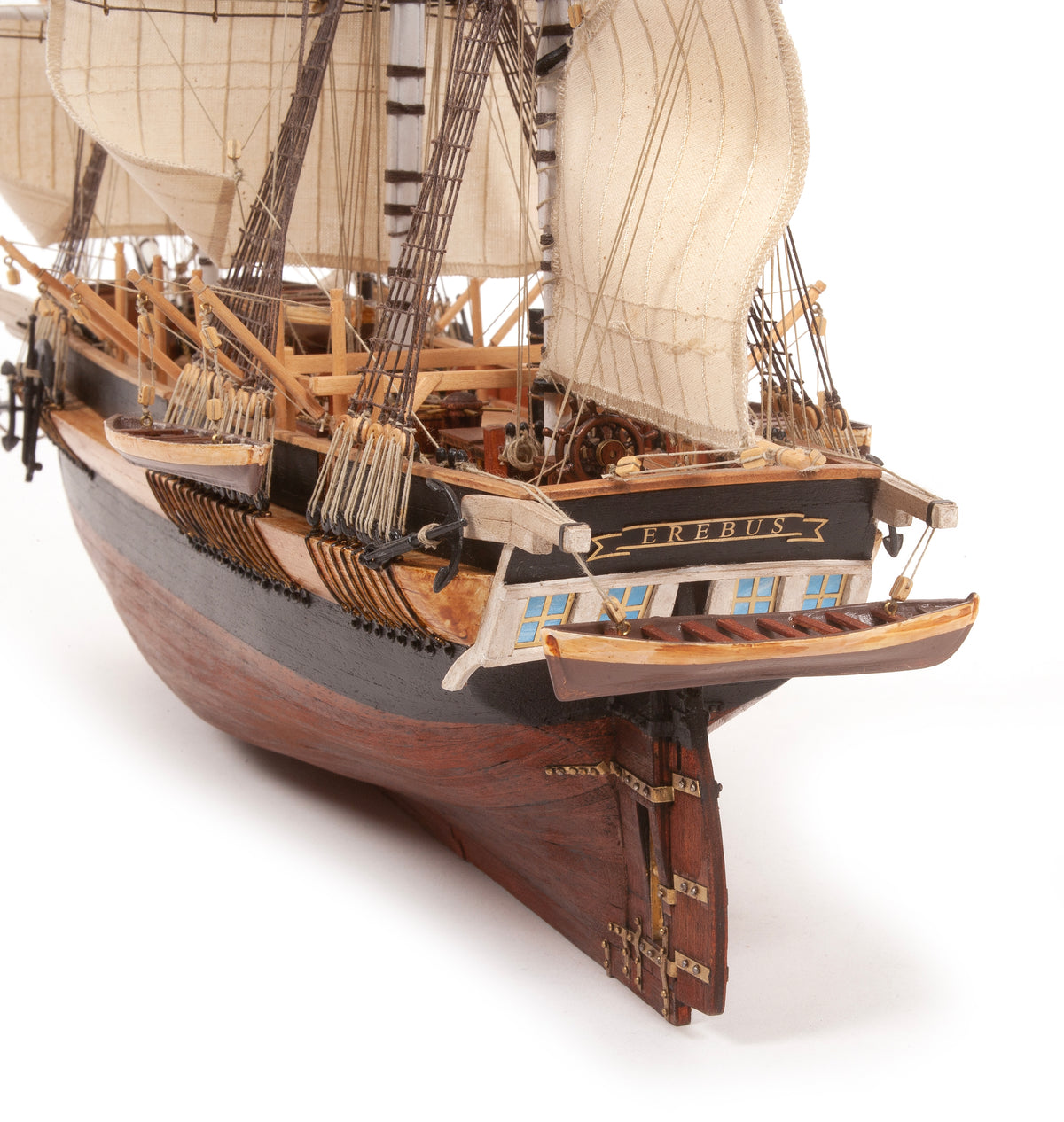 Photo of OcCre HMS Erebus wooden model ship 1:75 scale from Franklin Expedition with sails and display base