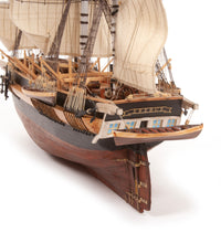 Photo of OcCre HMS Erebus wooden model ship 1:75 scale from Franklin Expedition with sails and display base