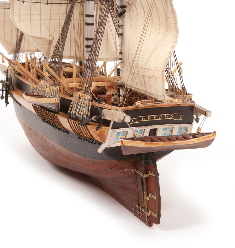 Photo of OcCre HMS Erebus wooden model ship 1:75 scale from Franklin Expedition with sails and display base