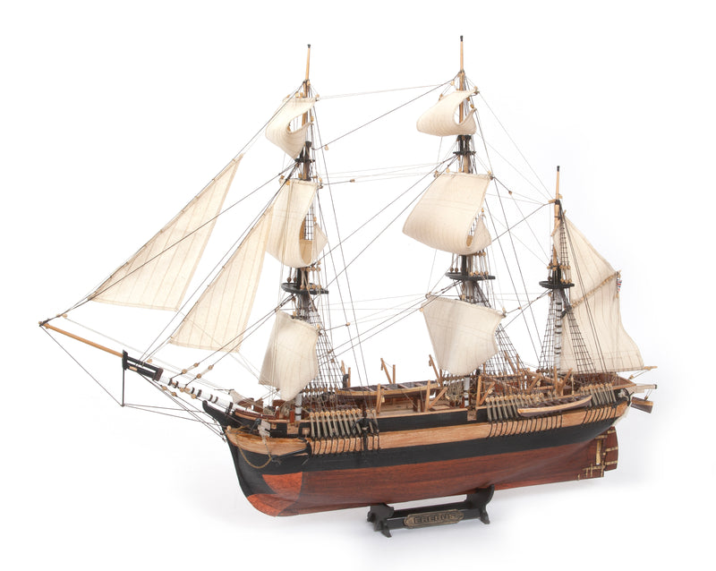 Photo of OcCre HMS Erebus wooden model ship 1:75 scale from Franklin Expedition with sails and display base