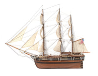 Photo of OcCre Essex 1:60 scale wooden model ship kit with detailed rigging and historical design