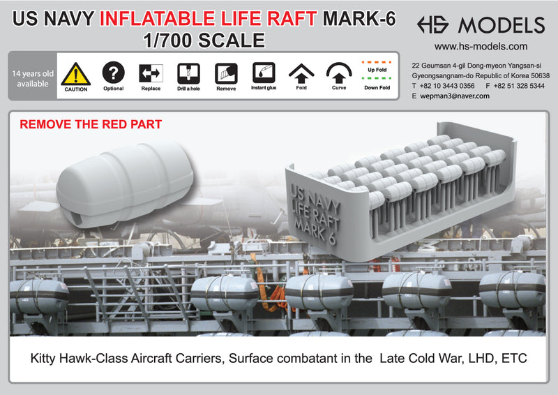 Photo of US Navy Inflatable Life Raft Mk.6 1:700 scale resin model set by HS Model, showing detailed 3D printed rafts for Late Cold War naval ships.