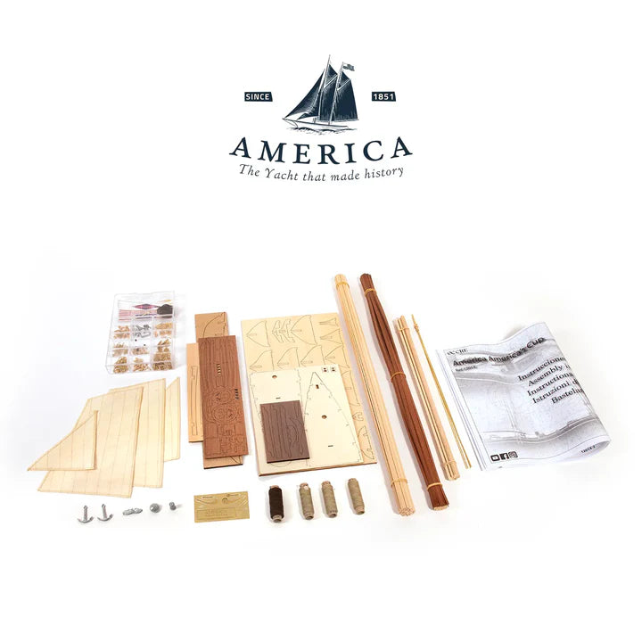 Photo of America 1851 yacht model kit 1:75 scale by OcCre showing detailed wooden hull and rigging