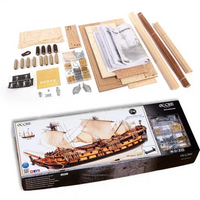 Wooden ship model kit with components and packaging on a white background
