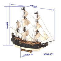 Photo of OcCre Black Swan wooden model ship kit 1:75 scale, detailed pirate vessel with sails and nameplate