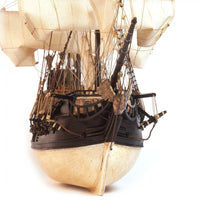 Photo of OcCre Black Swan wooden model ship kit 1:75 scale, detailed pirate vessel with sails and nameplate