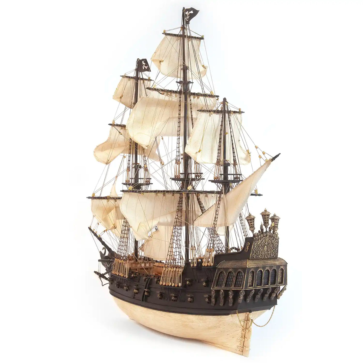 Photo of OcCre Black Swan wooden model ship kit 1:75 scale, detailed pirate vessel with sails and nameplate