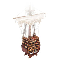 Photo of the Santísima Trinidad cross-section model kit by OcCre in 1/90 scale, showcasing detailed inner ship structure and mainmast elements.