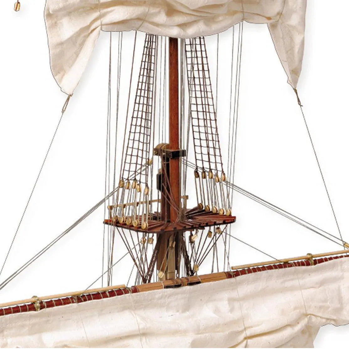 Photo of the Santísima Trinidad cross-section model kit by OcCre in 1/90 scale, showcasing detailed inner ship structure and mainmast elements.