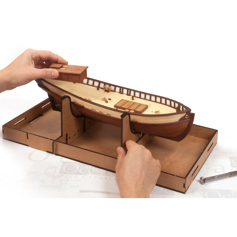 Photo of OcCre Work Stand (19134), an adjustable model stand for ship, train, and tram models, designed for stability and protection.