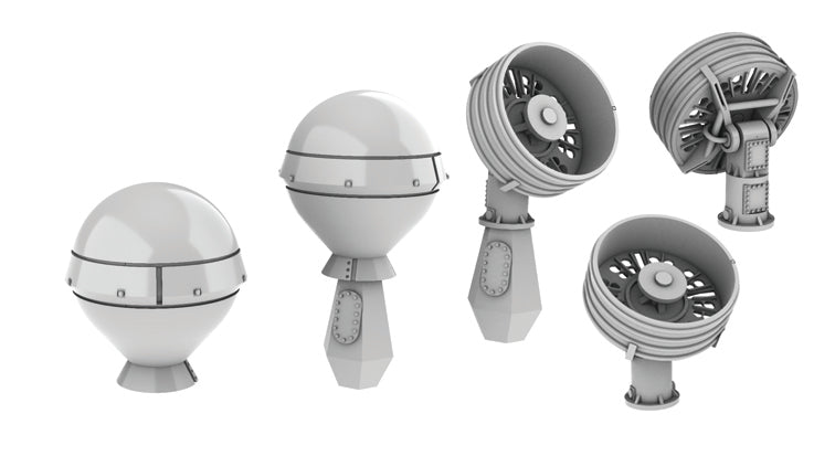 Photo of OE-82C / OE-570 SATCOM Antenna 1:700 scale resin model set by HS Model, showing 12 detailed 3D printed parts in two types