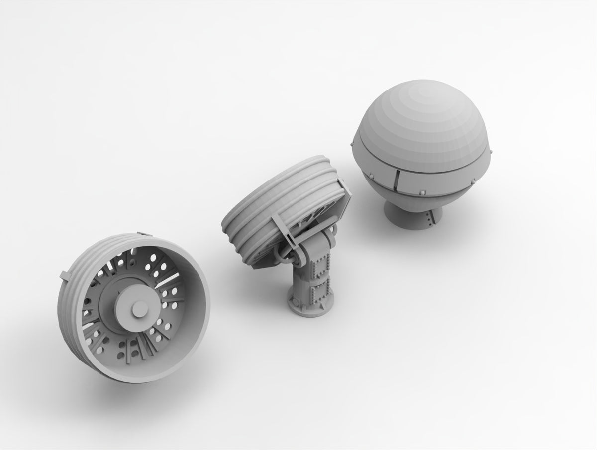 Photo of OE-82C / OE-570 SATCOM Antenna 1:700 scale resin model set by HS Model, showing 12 detailed 3D printed parts in two types