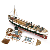 Photo of the Ulises Tug Boat Model Kit (1:30 Scale) by OcCre (61001), a detailed wooden and metal ship model featuring a steel hull, wooden crew areas, and intricate maritime details.