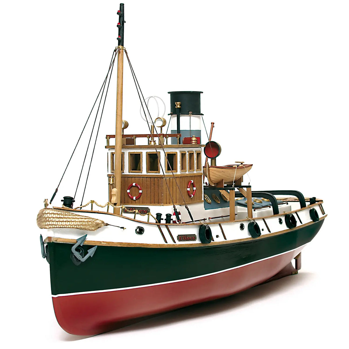 Photo of the Ulises Tug Boat Model Kit (1:30 Scale) by OcCre (61001), a detailed wooden and metal ship model featuring a steel hull, wooden crew areas, and intricate maritime details.