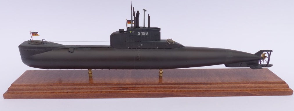 Photo of a 1:144 scale resin model of the German Type 206A submarine by RC Subs, showing detailed hull features and accurate Cold War-era design.