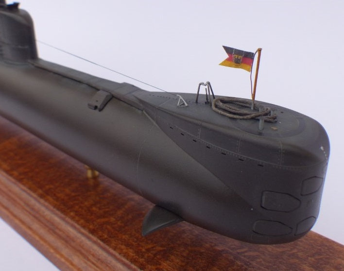 Photo of a 1:144 scale resin model of the German Type 206A submarine by RC Subs, showing detailed hull features and accurate Cold War-era design.