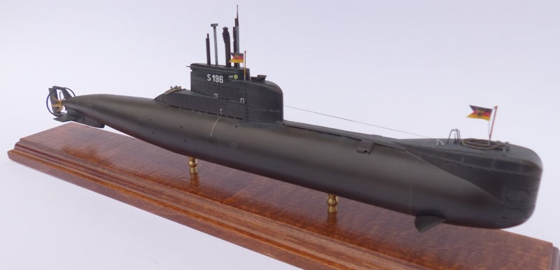 Photo of a 1:144 scale resin model of the German Type 206A submarine by RC Subs, showing detailed hull features and accurate Cold War-era design.