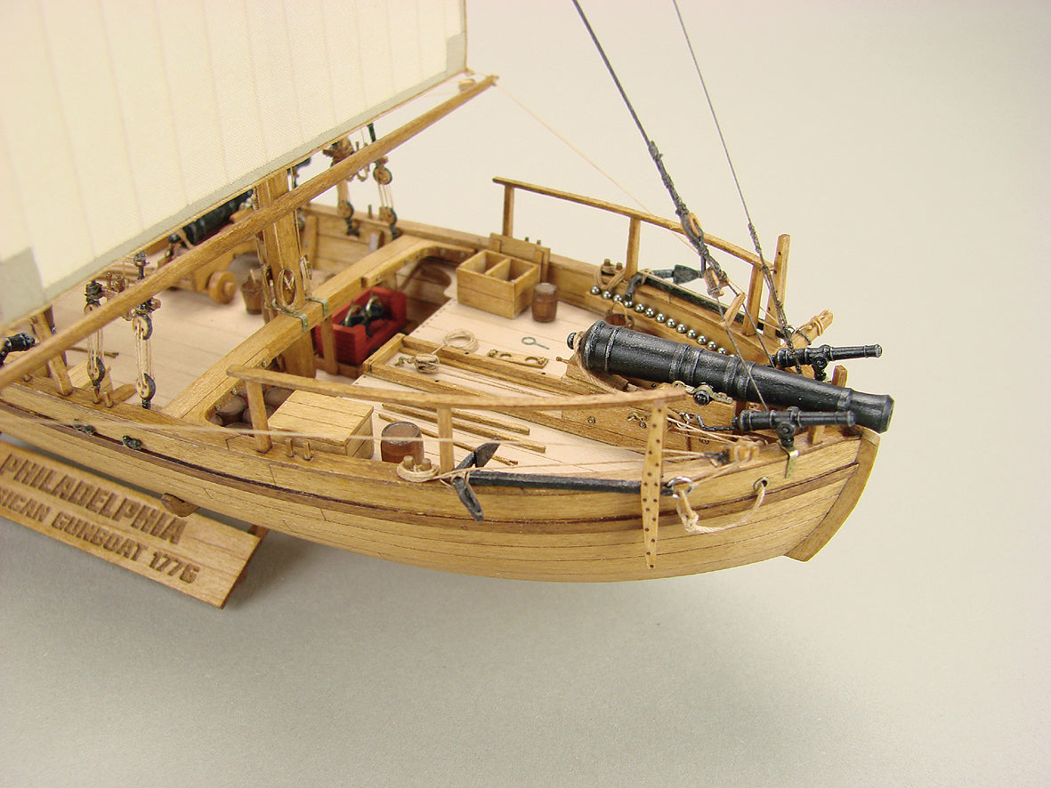 Photo of the Philadelphia American Gunboat 1776 wooden model kit in 1:72 scale by Shipyard WM:008
