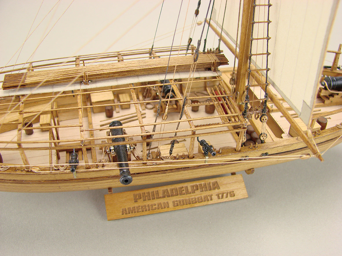 Photo of the Philadelphia American Gunboat 1776 wooden model kit in 1:72 scale by Shipyard WM:008