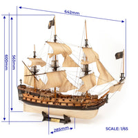Model ship with dimensions indicated on a white background