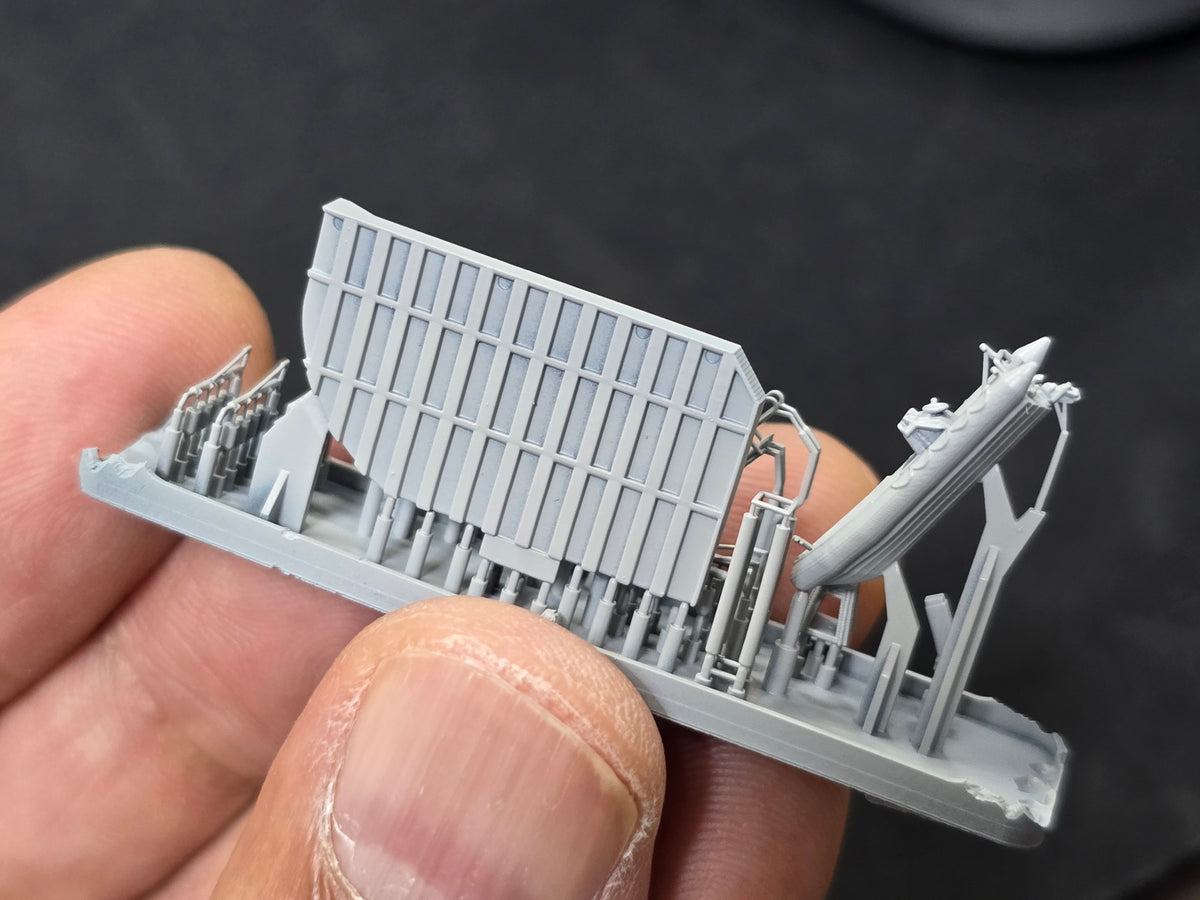 Photo of Starboard RHIB and Crane B photo etched set for Ticonderoga class cruiser 1:350 scale by HS Model
