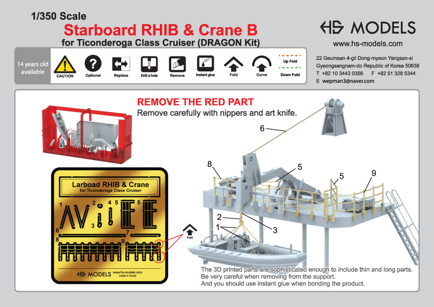 Photo of Starboard RHIB and Crane B photo etched set for Ticonderoga class cruiser 1:350 scale by HS Model
