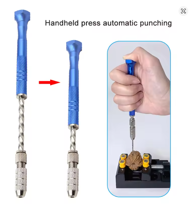 Photo of semi-automatic aluminium hand drill with HSS twist drill bits 0.8mm to 3mm for modelling and crafts