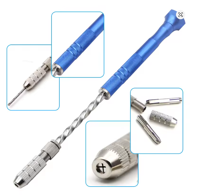 Photo of semi-automatic aluminium hand drill with HSS twist drill bits 0.8mm to 3mm for modelling and crafts