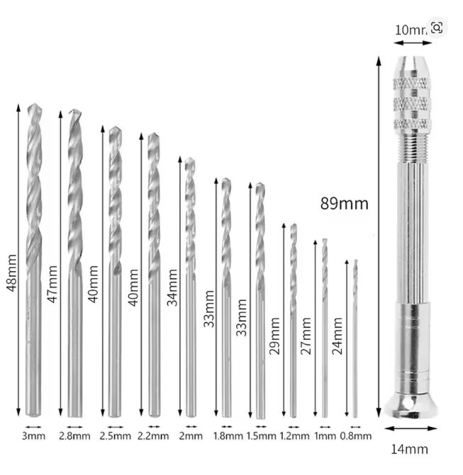 Photo of precision hand drill with 10 mini twist drill bits 0.8mm to 3mm for model making and crafts