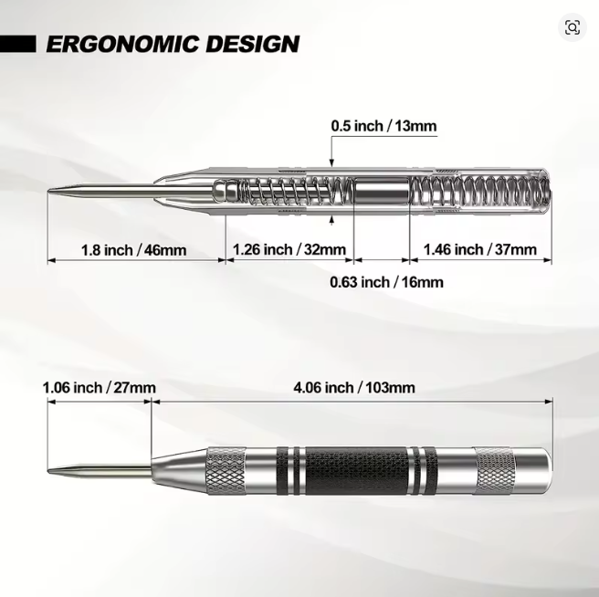 Photo of automatic center punch with hardened chrome vanadium tip and spring-loaded mechanism for metal and wood marking