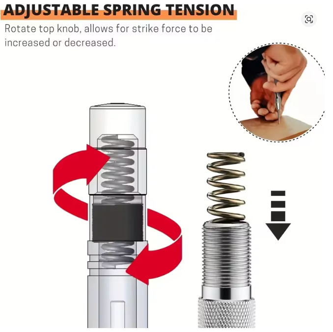 Photo of automatic center punch with hardened chrome vanadium tip and spring-loaded mechanism for metal and wood marking