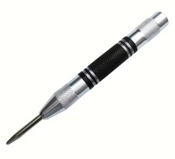 Photo of automatic center punch with hardened chrome vanadium tip and spring-loaded mechanism for metal and wood marking